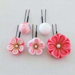 つまみ細工 髪飾り 5本セット うす紅×白×さくら＊七五三/夏祭り/和装/着物/浴衣/ 3枚目の画像