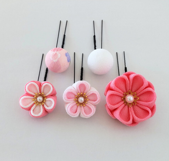 つまみ細工 髪飾り 5本セット うす紅×白×さくら＊七五三/夏祭り/和装/着物/浴衣/ 3枚目の画像