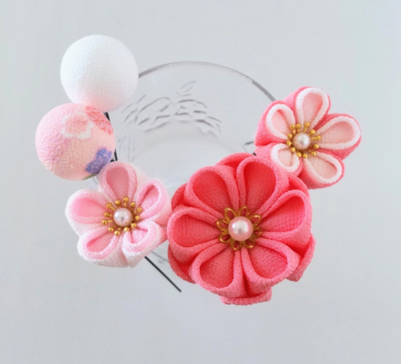 つまみ細工 髪飾り 5本セット うす紅×白×さくら＊七五三/夏祭り/和装/着物/浴衣/ 4枚目の画像