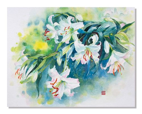 透明水彩画　百合の花(大) 額縁なし 透明水彩画 百合の花(大) 額縁なし