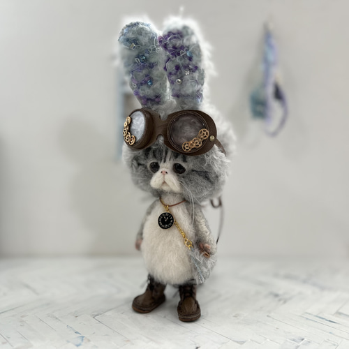 うさみみ帽子のごーぐるにゃんこ 羊毛フェルト ぶさかわねこ