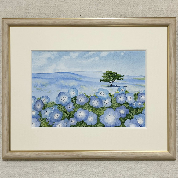 透明水彩画 原画 「紫陽花の丘」額縁付 F4サイズ 風景画 透明水彩画 原画 「紫陽花の丘」額縁付 F4サイズ 風景画