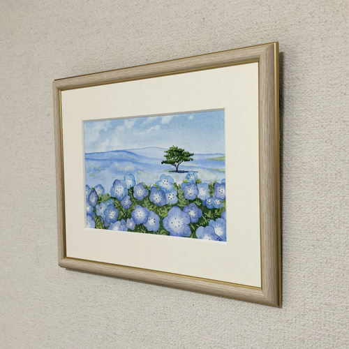 ネモフィラの丘」透明水彩画 原画 風景画 額縁付 SMサイズ 絵画 ネモフィラの丘」透明水彩画 原画 風景画 額縁付 SMサイズ 絵画