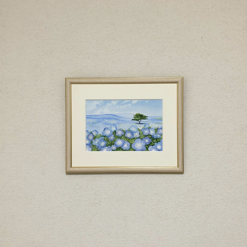 ネモフィラの丘」透明水彩画 原画 風景画 額縁付 SMサイズ 絵画 ネモフィラの丘」透明水彩画 原画 風景画 額縁付 SMサイズ 絵画