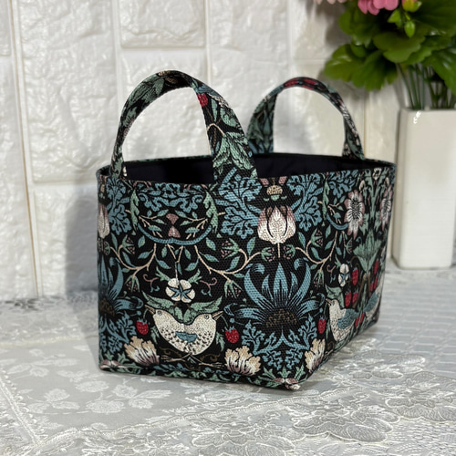 布バスケット小 ウィリアムモリスいちご泥棒 深青色 ハンドメイド 再販