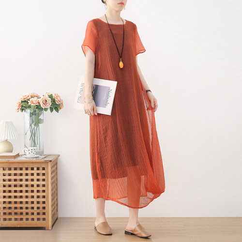即納】エアリーな透け感素材のワンピース 裏地付き オレンジ  