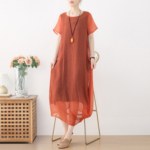 即納】エアリーな透け感素材のワンピース 裏地付き オレンジ