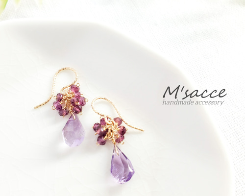 アメジスト×ロードライトガーネット ブーケ風ピアス 14kgf/ イヤリング