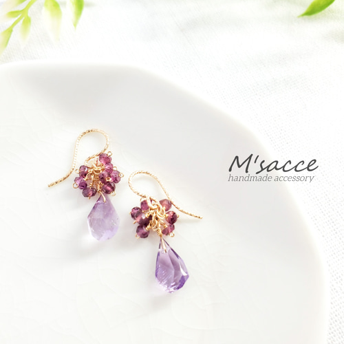 アメジスト×ロードライトガーネット ブーケ風ピアス 14kgf/ イヤリング