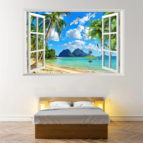 ウォールステッカー SH33 3D窓 海 砂浜 ヤシ 癒す DIY 壁紙 インテリア