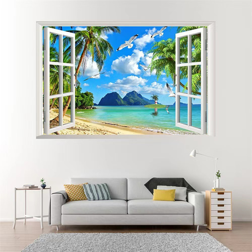 ウォールステッカー SH33 3D窓 海 砂浜 ヤシ 癒す DIY 壁紙 インテリア