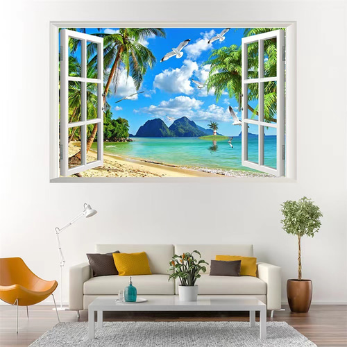 ウォールステッカー SH33 3D窓 海 砂浜 ヤシ 癒す DIY 壁紙 インテリア