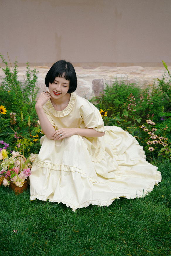 奶酪黃色 宮廷少女木耳花邊寬鬆洋裝 重工蛋糕連身裙女短袖蓬蓬裙 第7張的照片