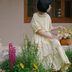 奶酪黃色 宮廷少女木耳花邊寬鬆洋裝 重工蛋糕連身裙女短袖蓬蓬裙 第16張的照片