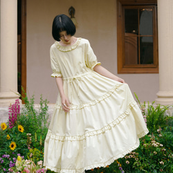 奶酪黃色 宮廷少女木耳花邊寬鬆洋裝 重工蛋糕連身裙女短袖蓬蓬裙 第12張的照片