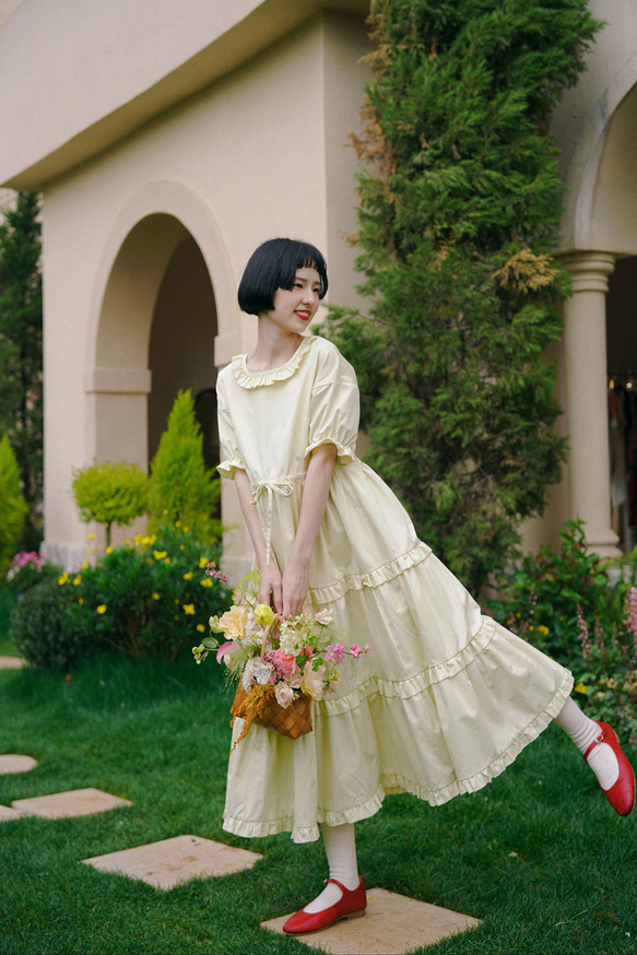 奶酪黃色 宮廷少女木耳花邊寬鬆洋裝 重工蛋糕連身裙女短袖蓬蓬裙 第18張的照片