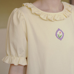 奶黃色 日系少女木耳花邊鬱金香軟fufu短洋裝 立體浮雕裝飾連身裙 第16張的照片
