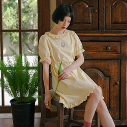 奶黃色 日系少女木耳花邊鬱金香軟fufu短洋裝 立體浮雕裝飾連身裙 第13張的照片