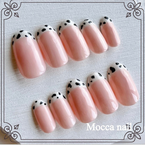 016】ダルメシアンフレンチ ピンク ネイルチップ ジェルネイル デート  