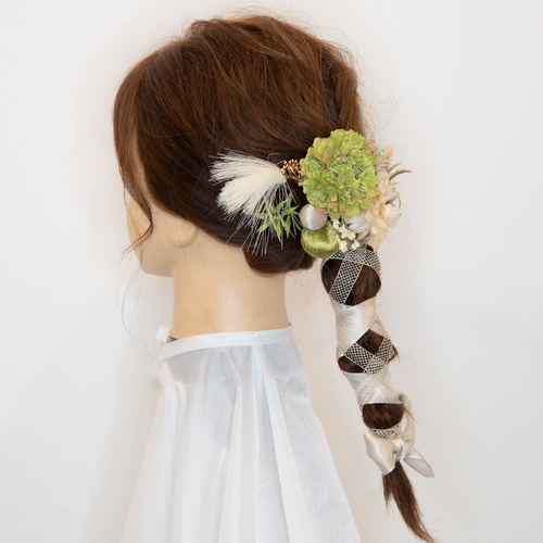 成人式前撮り振袖 編みおろし髪飾りA】ゴールドサテン＆メッシュリボン