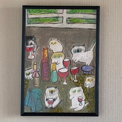 絵画 。壁掛け絵原画手描き【かわいい猫たちの楽しいワインパーティー】 絵画 。壁掛け絵原画手描き【かわいい猫たちの楽しいワイン