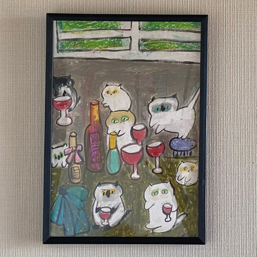 絵画 。壁掛け絵原画手描き【かわいい猫たちの楽しいワインパーティー】 絵画 。壁掛け絵原画手描き【かわいい猫たちの楽しいワイン