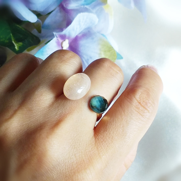 天然石リング　モルガナイト　ブルータイガーアイ　4月誕生石　フォークリング　フリーサイズ　指輪 1枚目の画像