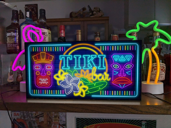 【Lサイズ】アロハ ハワイ TIKI ティキ像 カフェ バー 酒 南国 ハイビスカス 看板 置物 雑貨 ライトBOX 1枚目の画像