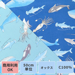 オックス生地【50×110cm】海の生き物 海 くじら サメ イカ シャチ  生地 布 1枚目の画像