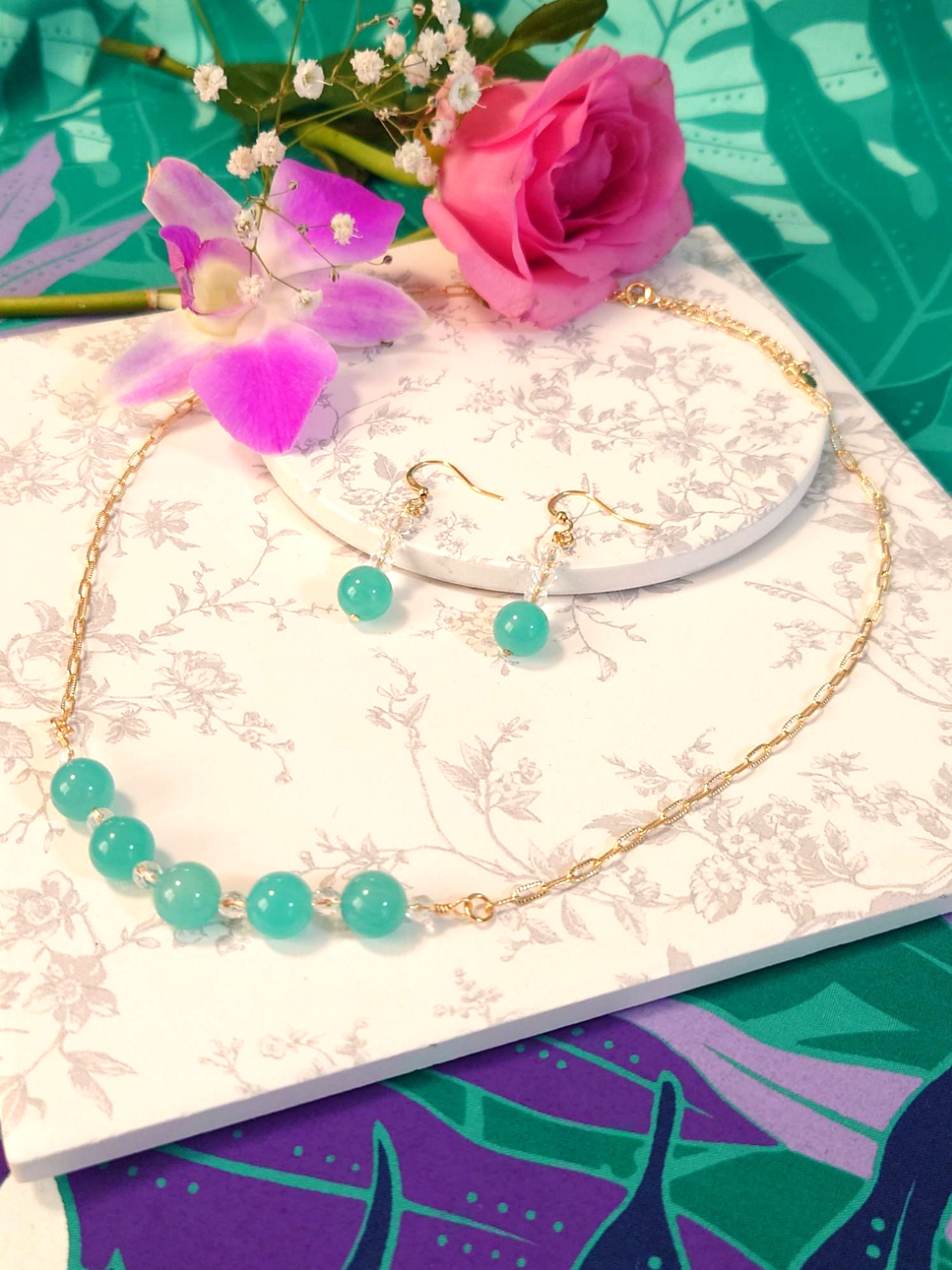 ☆14kgf☆2点セット☆高品質☆一点物☆アマゾナイトと水晶のネックレス＆ピアス(イヤリング可)セット