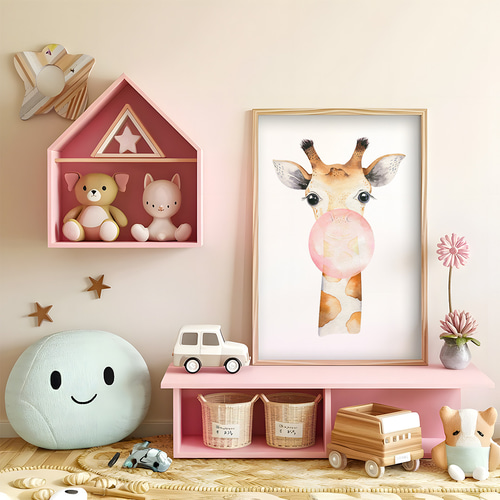 アートポスター キリン ジラフ 動物イラスト 水彩画 ピンク 子供部屋