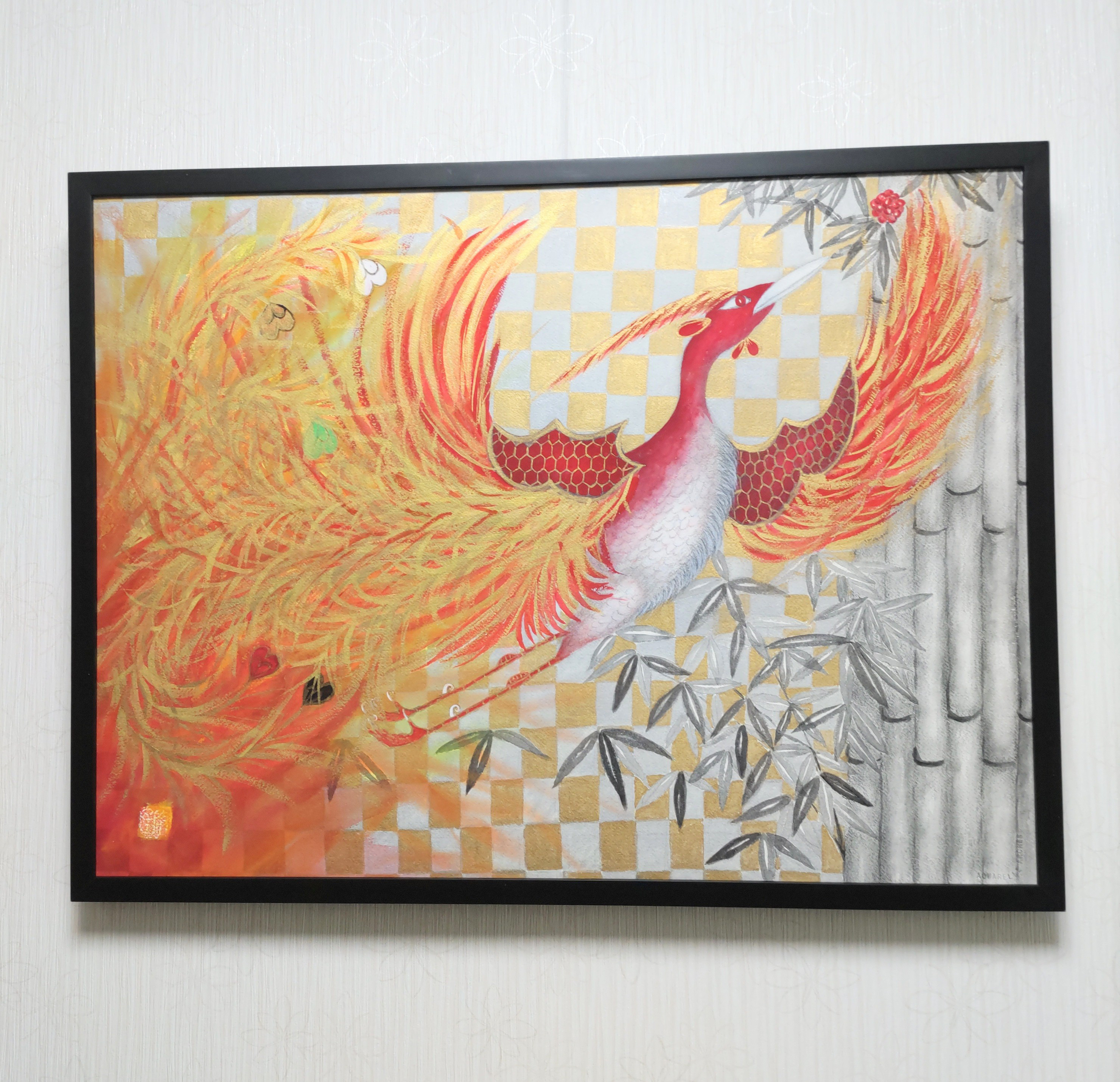 菜*香様 No.508 F4キャンバス 原画 アクリル絵画 開運絵画 鳳凰 肉筆 鳳凰の絵「金色（こんじき）の鳳凰」アクリル画の鳳凰画原画作品