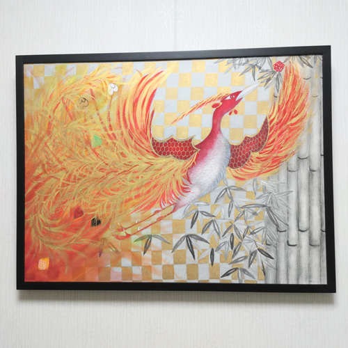 菜*香様 No.508 F4キャンバス 原画 アクリル絵画 開運絵画 鳳凰 肉筆 鳳凰(ホウオウ)原画送料無料ガッシュ画 絵画 keikoガッシュ画家