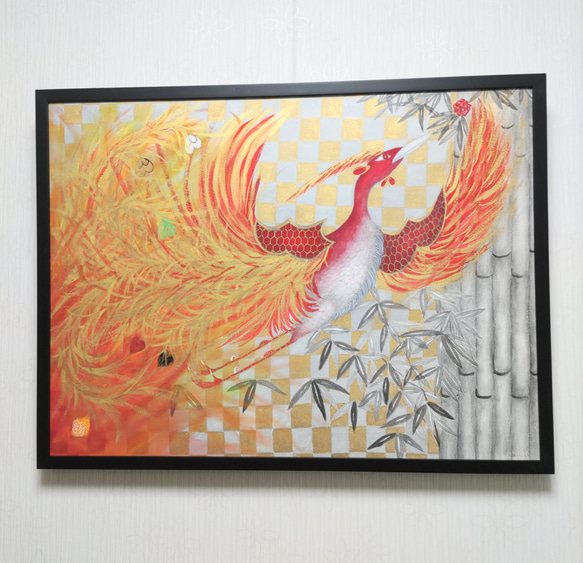 No.564 鳳凰 アクリル画 原画 開運絵画 丸形キャンバス 肉筆画