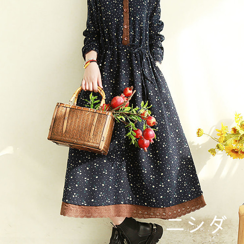 やせ見え】春秋新品上質花柄 綿麻 ロングワンピースO ロングスカート  