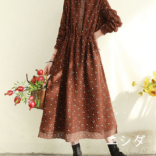 やせ見え】春秋新品上質花柄 綿麻 ロングワンピースO ロングスカート