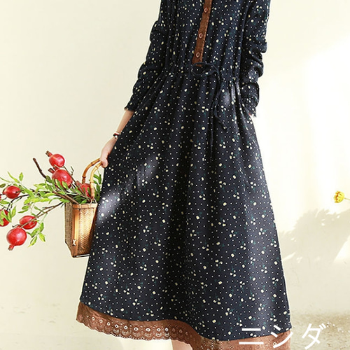 やせ見え】春秋新品上質花柄 綿麻 ロングワンピースO ロングスカート