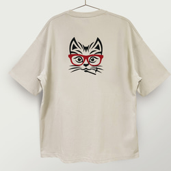 刺繍＆ステンシル☆半袖T-shirt／猫と眼鏡。9.1oz 6枚目の画像