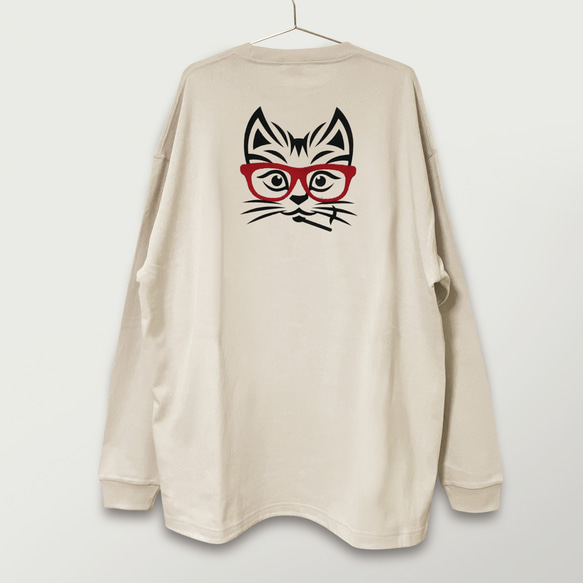 刺繍＆ステンシル☆ロンT／猫と眼鏡。9.1oz 4枚目の画像