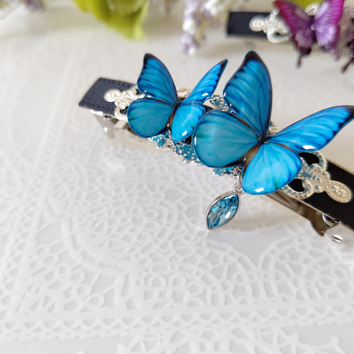 8.5cm蝶々バレッタ♪オオルリアゲハ(マゼンタ) モルフォ蝶(新色) 赤い