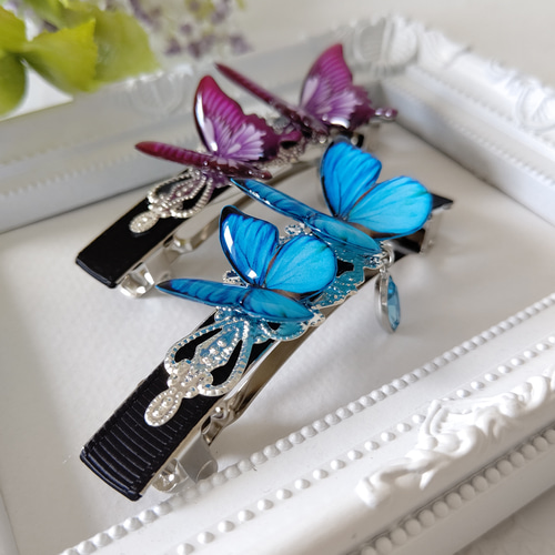 8.5cm蝶々バレッタ♪オオルリアゲハ(マゼンタ) モルフォ蝶(新色) 赤い