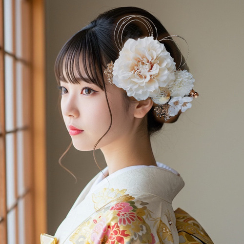 宅配便発送　hg69 和装　髪飾り 成人式 着物　振袖　結婚式　色打掛　ダリア 上品ダリアの髪飾り 結婚式 成人式 花嫁 和装 振袖 卒業式 白
