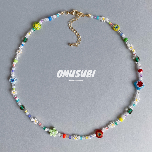 GREEN ] ミルフィオリビーズのビーズネックレス / 緑 カラフル 夏限定
