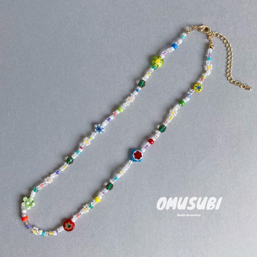 GREEN ] ミルフィオリビーズのビーズネックレス / 緑 カラフル 夏限定