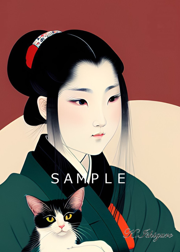 猫と女性(新浮世絵画)A4額付き　№s-1022 1枚目の画像