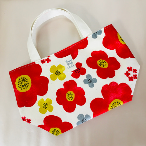 花柄シンプルミニトートバッグ(赤/生成り)*ハンドメイド 花柄シンプルミニトートバッグ(赤/生成り)*ハンドメイド