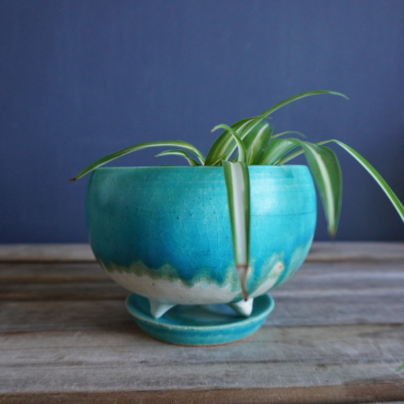 【陶器】トルコ青の脚付き植木鉢 ９ 2枚目の画像