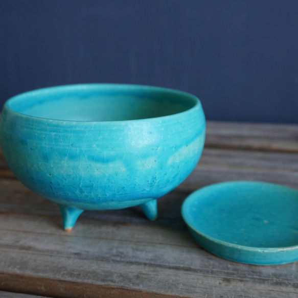 【陶器】トルコ青の脚付き植木鉢 11 10枚目の画像