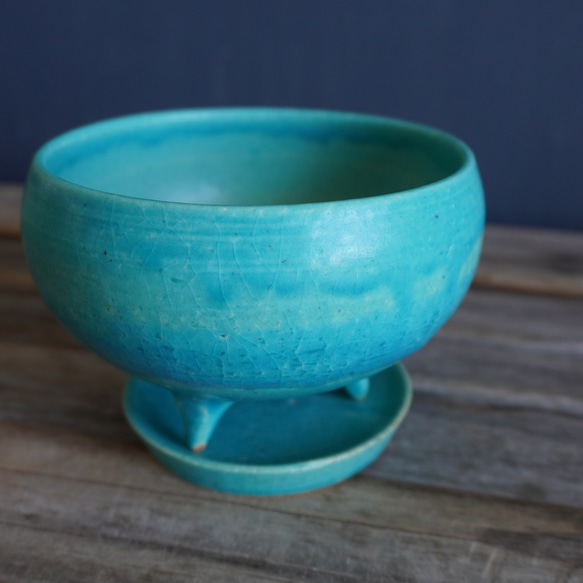 【陶器】トルコ青の脚付き植木鉢 11 7枚目の画像