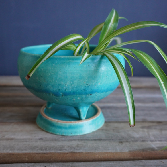 【陶器】トルコ青の脚付き植木鉢 11 4枚目の画像